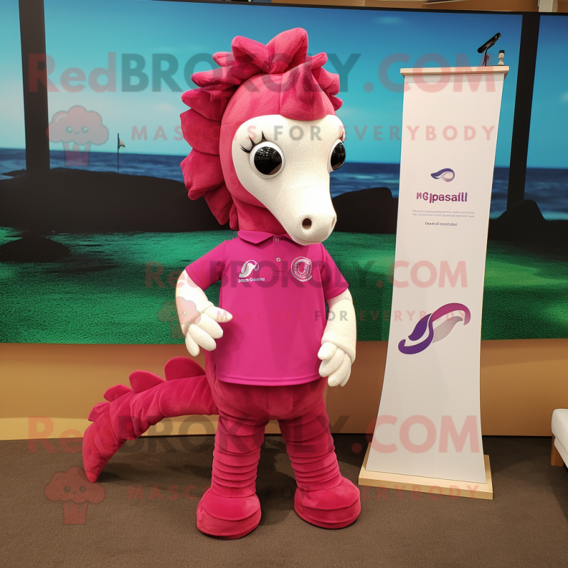 Magenta Seahorse mascot costume character dressed with a Polo Tee and Watches Magenta Seahorse mascot costume character dressed with a Polo Tee and Watches