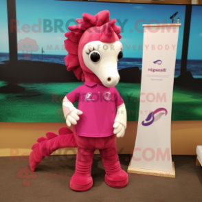 Magenta Seahorse mascot costume character dressed with a Polo Tee and Watches