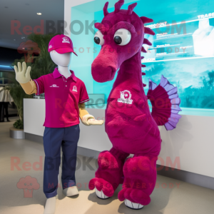 Magenta Seahorse mascot costume character dressed with a Polo Tee and Watches