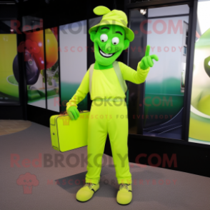 Lime Green Mime mascot costume character dressed with a Trousers and Clutch bags