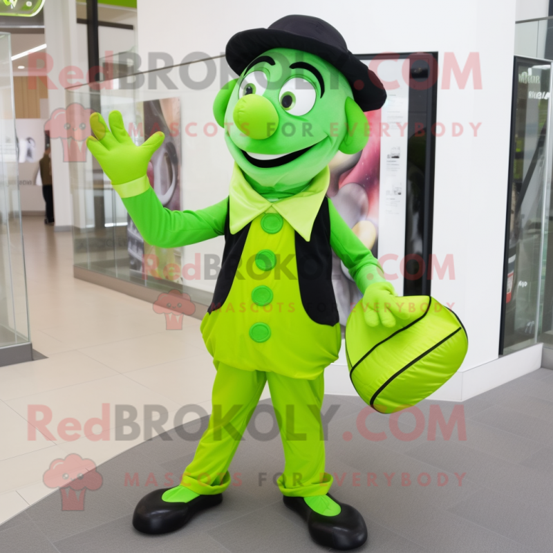 Lime Green Mime mascot costume character dressed with a Trousers and Clutch bags Lime Green Mime mascot costume character dressed with a Trousers and Clutch bags