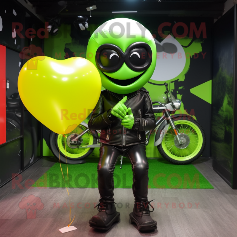 Lime Green Heart Shaped Balloons mascot costume character dressed with a Biker Jacket and Beanies Lime Green Heart Shaped Balloons mascot costume character dressed with a Biker Jacket and Beanies