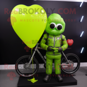 Lime Green Heart Shaped Balloons mascot costume character dressed with a Biker Jacket and Beanies
