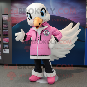 Pink Swan mascot costume character dressed with a Bomber Jacket and Scarves