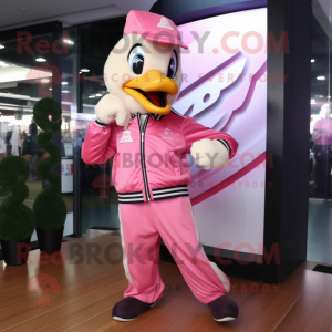 Pink Swan mascot costume character dressed with a Bomber Jacket and Scarves