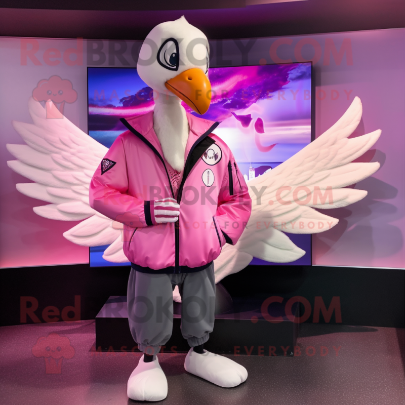 Pink Swan mascot costume character dressed with a Bomber Jacket and Scarves