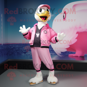 Pink Swan mascot costume character dressed with a Bomber Jacket and Scarves