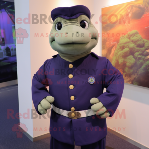 Navy Plum mascot costume character dressed with a Turtleneck and Tie pins