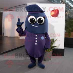 Navy Plum mascot costume character dressed with a Turtleneck and Tie pins