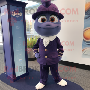Navy Plum mascot costume character dressed with a Turtleneck and Tie pins