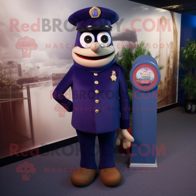 Navy Plum mascot costume character dressed with a Turtleneck and Tie pins