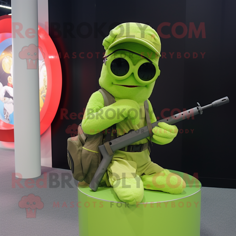 Lime Green Sniper mascot costume character dressed with a Circle Skirt and Reading glasses