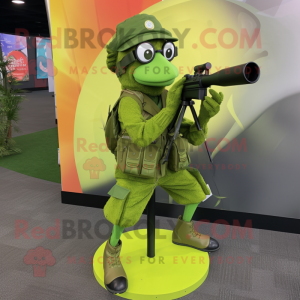 Lime Green Sniper mascot costume character dressed with a Circle Skirt and Reading glasses