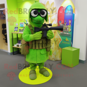 Lime Green Sniper mascot costume character dressed with a Circle Skirt and Reading glasses