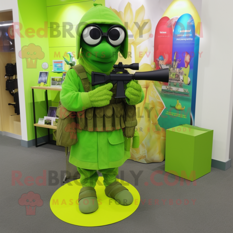 Lime Green Sniper mascot costume character dressed with a Circle Skirt and Reading glasses Lime Green Sniper mascot costume character dressed with a Circle Skirt and Reading glasses