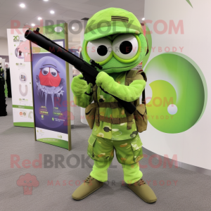 Lime Green Sniper mascot costume character dressed with a Circle Skirt and Reading glasses