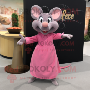 Pink Ratatouille mascot costume character dressed with a Dress Pants and Hair clips