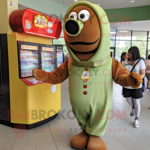 Olive Hot Dog mascot costume character dressed with a Button-Up Shirt and Coin purses