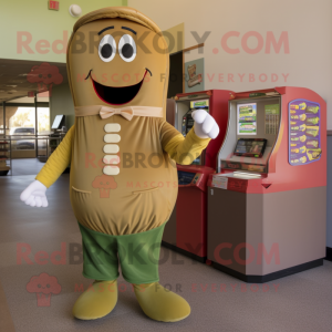 Olive Hot Dog mascot costume character dressed with a Button-Up Shirt and Coin purses