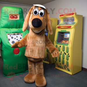 Olive Hot Dog mascot costume character dressed with a Button-Up Shirt and Coin purses