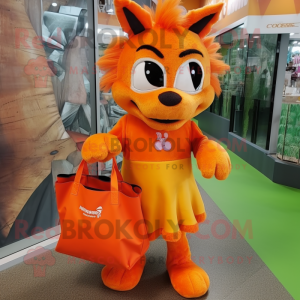 Orange Chupacabra mascot costume character dressed with a Skirt and Tote bags