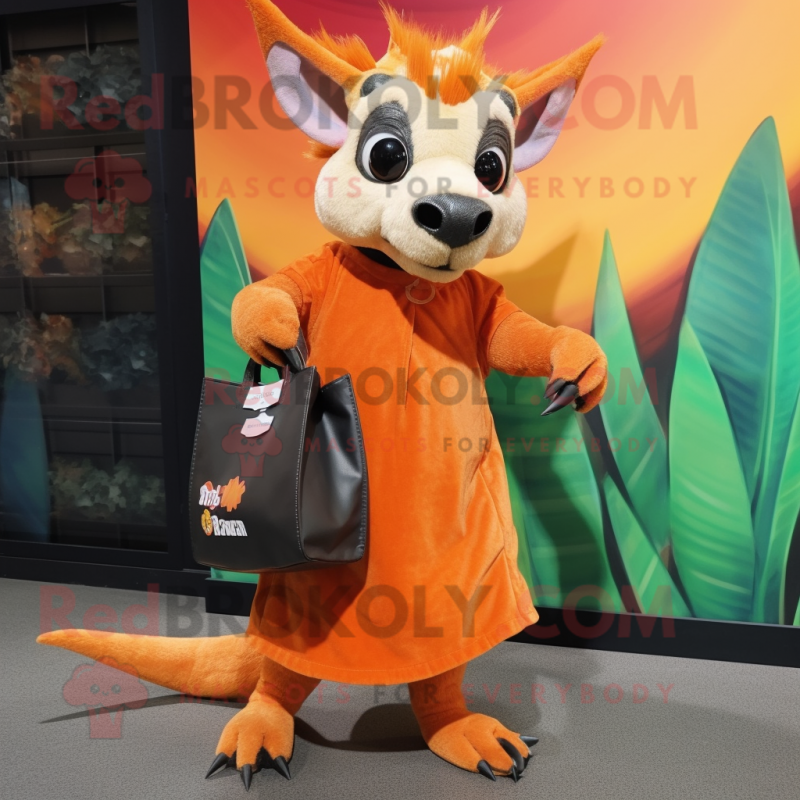 Orange Chupacabra mascot costume character dressed with a Skirt and Tote bags