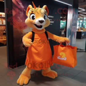Orange Chupacabra mascot costume character dressed with a Skirt and Tote bags
