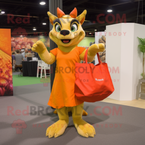 Orange Chupacabra mascot costume character dressed with a Skirt and Tote bags