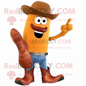 Rust Currywurst mascot costume character dressed with a Bootcut Jeans and Gloves