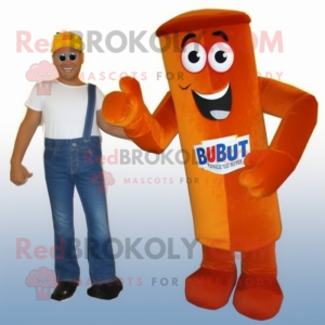 Rust Currywurst mascot costume character dressed with a Bootcut Jeans and Gloves