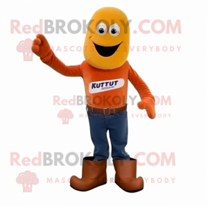 Rust Currywurst mascot costume character dressed with a Bootcut Jeans and Gloves