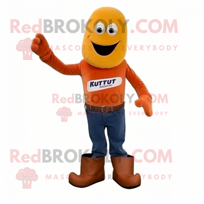 Rust Currywurst mascot costume character dressed with a Bootcut Jeans and Gloves Rust Currywurst mascot costume character dressed with a Bootcut Jeans and Gloves