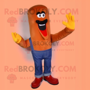 Rust Currywurst mascot costume character dressed with a Bootcut Jeans and Gloves