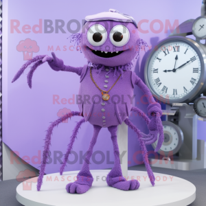 Lavender Spider mascot costume character dressed with a Waistcoat and Bracelet watches