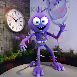 Lavender Spider mascot costume character dressed with a Waistcoat and Bracelet watches
