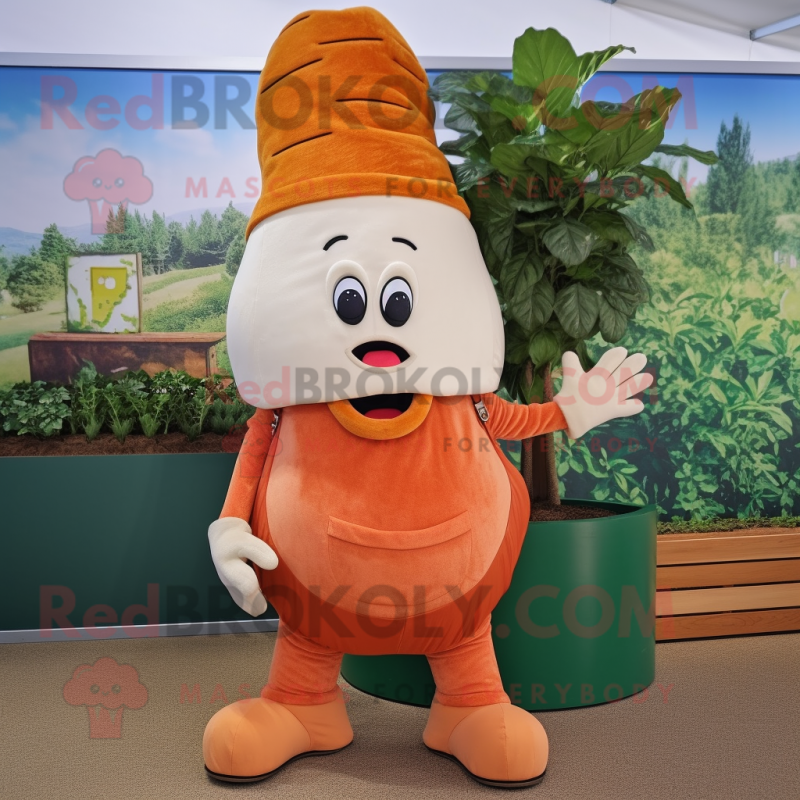 Tan Carrot mascot costume character dressed with a Jeans and Belts Tan Carrot mascot costume character dressed with a Jeans and Belts
