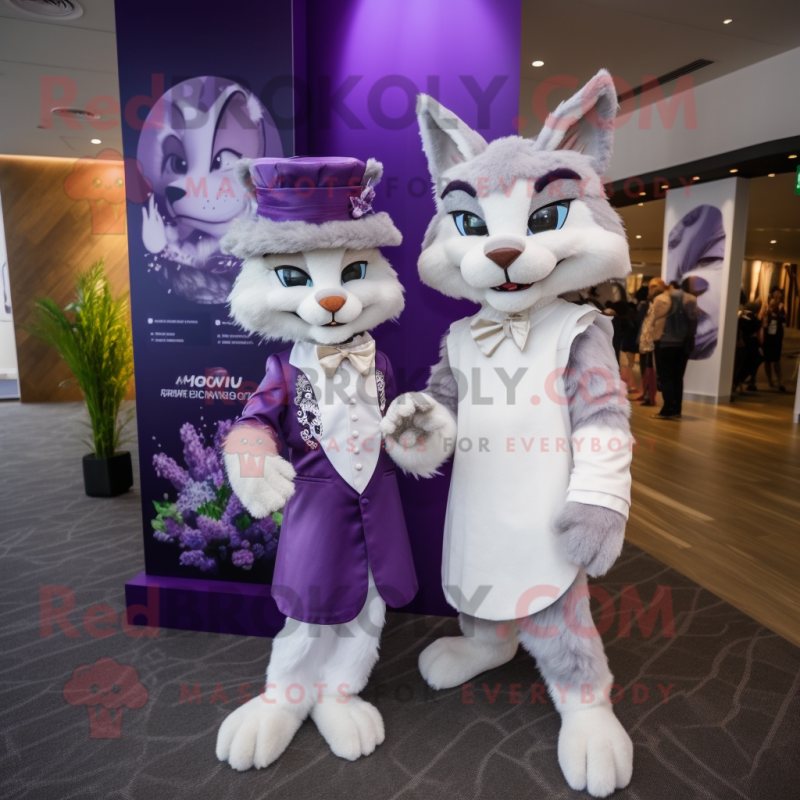 Purple Lynx mascot costume character dressed with a Wedding Dress and Berets