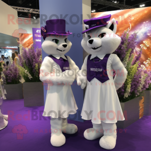 Purple Lynx mascot costume character dressed with a Wedding Dress and Berets