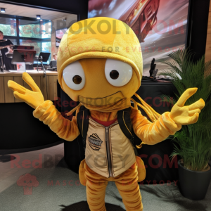 Gold Shrimp Scampi mascot costume character dressed with a Moto Jacket and Shawl pins