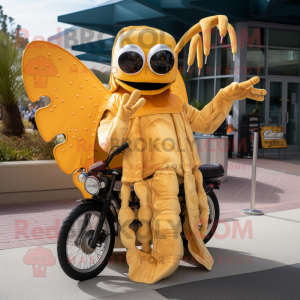 Gold Shrimp Scampi mascot costume character dressed with a Moto Jacket and Shawl pins