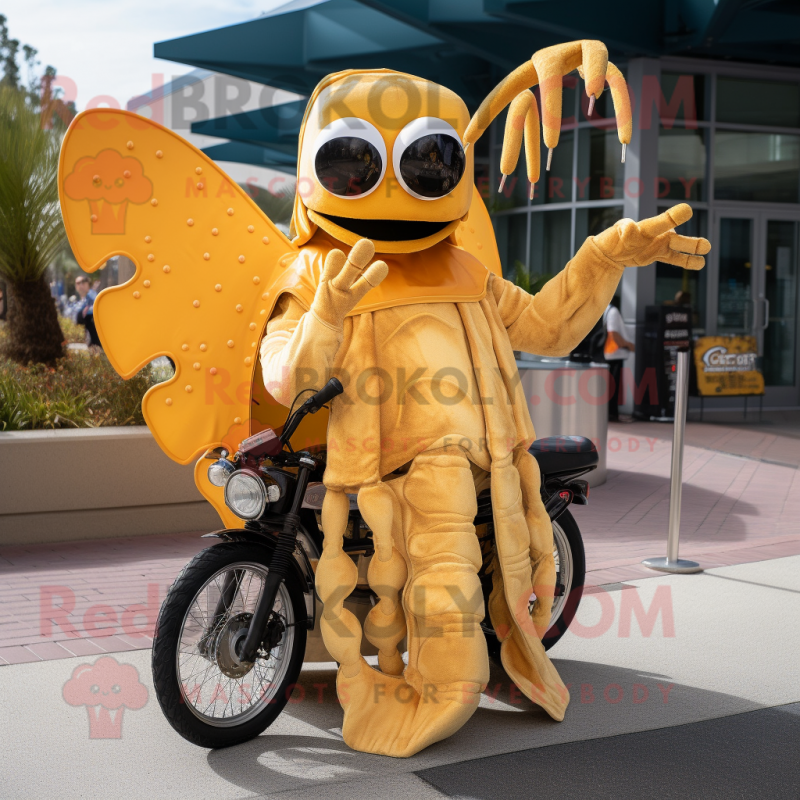 Gold Shrimp Scampi mascot costume character dressed with a Moto Jacket and Shawl pins Gold Shrimp Scampi mascot costume character dressed with a Moto Jacket and Shawl pins