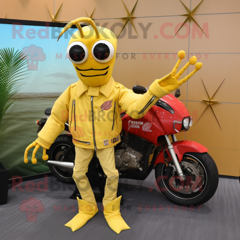 Gold Shrimp Scampi mascot costume character dressed with a Moto Jacket and Shawl pins Gold Shrimp Scampi mascot costume character dressed with a Moto Jacket and Shawl pins