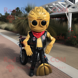 Gold Shrimp Scampi mascot costume character dressed with a Moto Jacket and Shawl pins