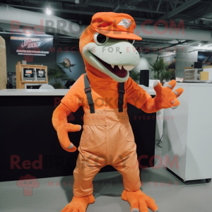 Peach Deinonychus mascot costume character dressed with a Overalls and Gloves