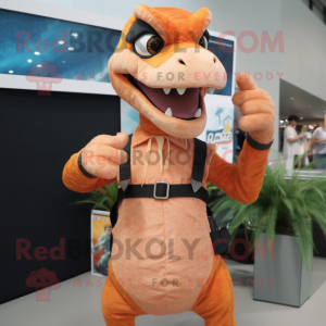 Peach Deinonychus mascot costume character dressed with a Overalls and Gloves