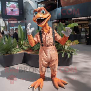 Peach Deinonychus mascot costume character dressed with a Overalls and Gloves