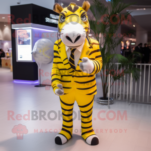 Yellow Zebra mascot costume character dressed with a Suit and Anklets