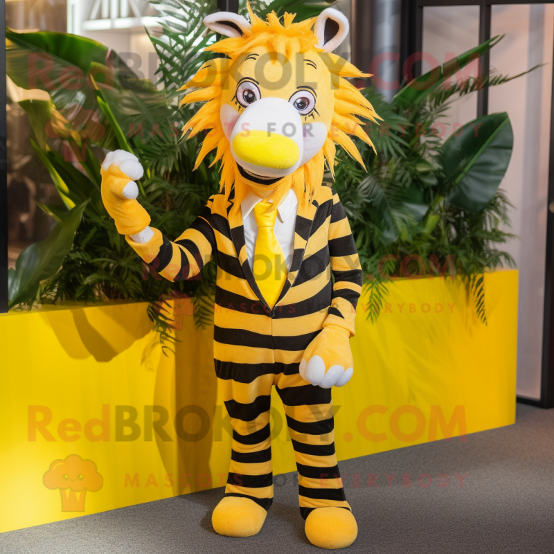 Yellow Zebra mascot costume character dressed with a Suit and Anklets