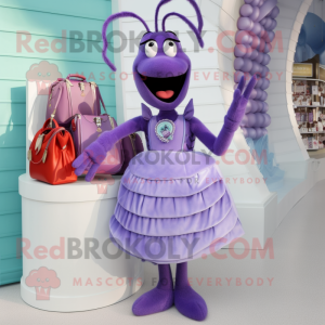 Lavender Lobster mascot costume character dressed with a Evening Gown and Coin purses