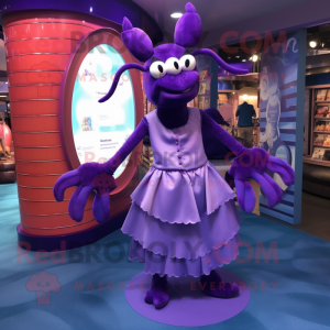 Lavender Lobster mascot costume character dressed with a Evening Gown and Coin purses